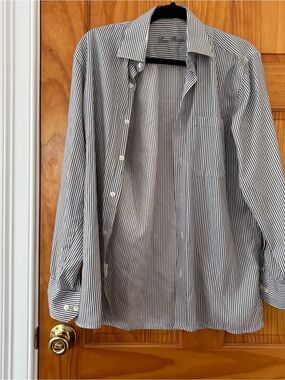 Sezane-Style Grey and White Stripe Button Down